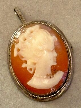Vintage 800 Silver Shell Cameo Brooch Pendant Hand Carved Lady Portrait
